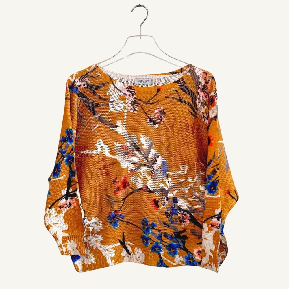 Luisa Ricci Italy Floral Knit Sweater Mustard Yellow Dolman Sleeve Small 2879B